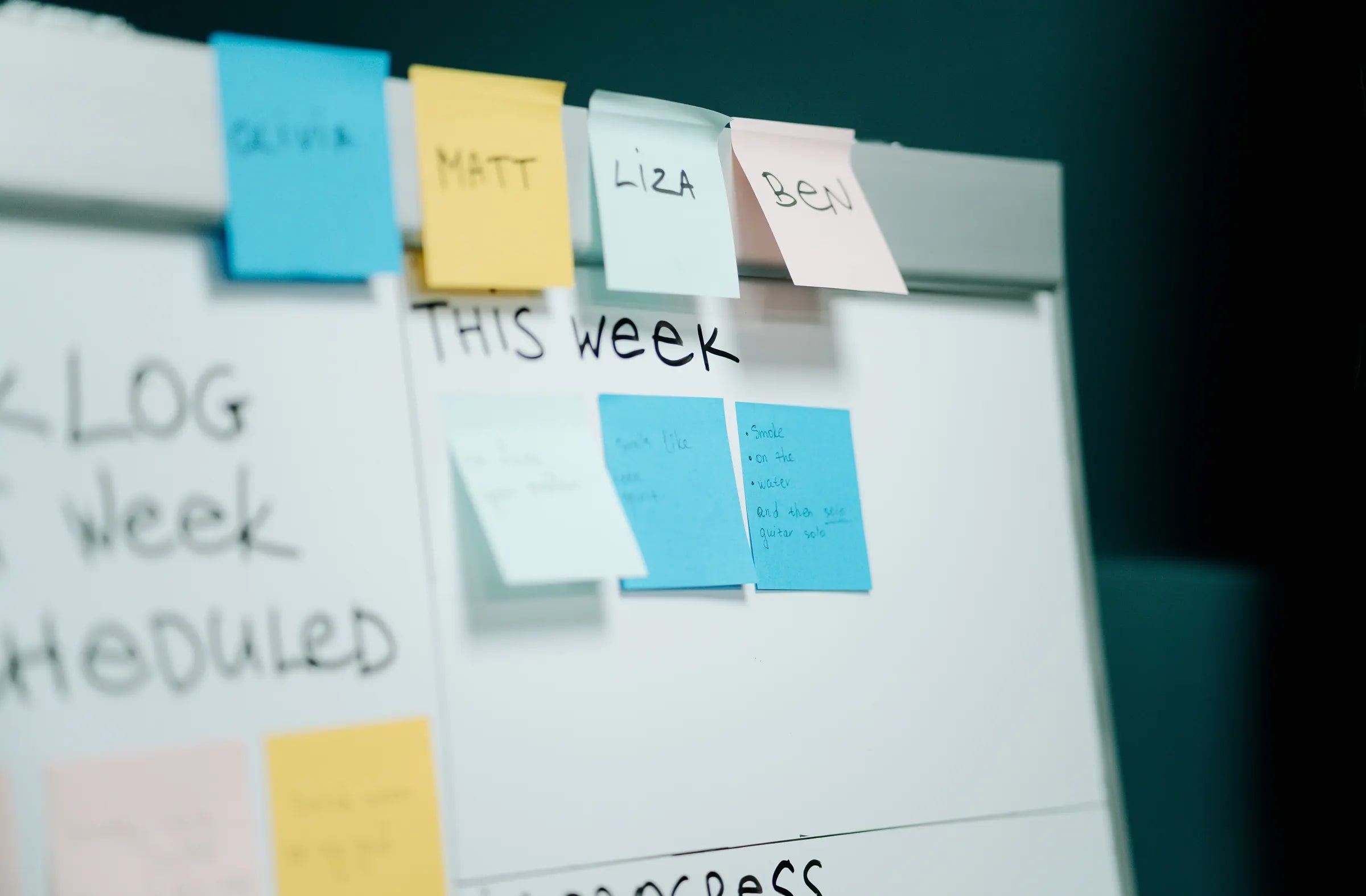 A sprint board with sticky notes and the tasks for this week