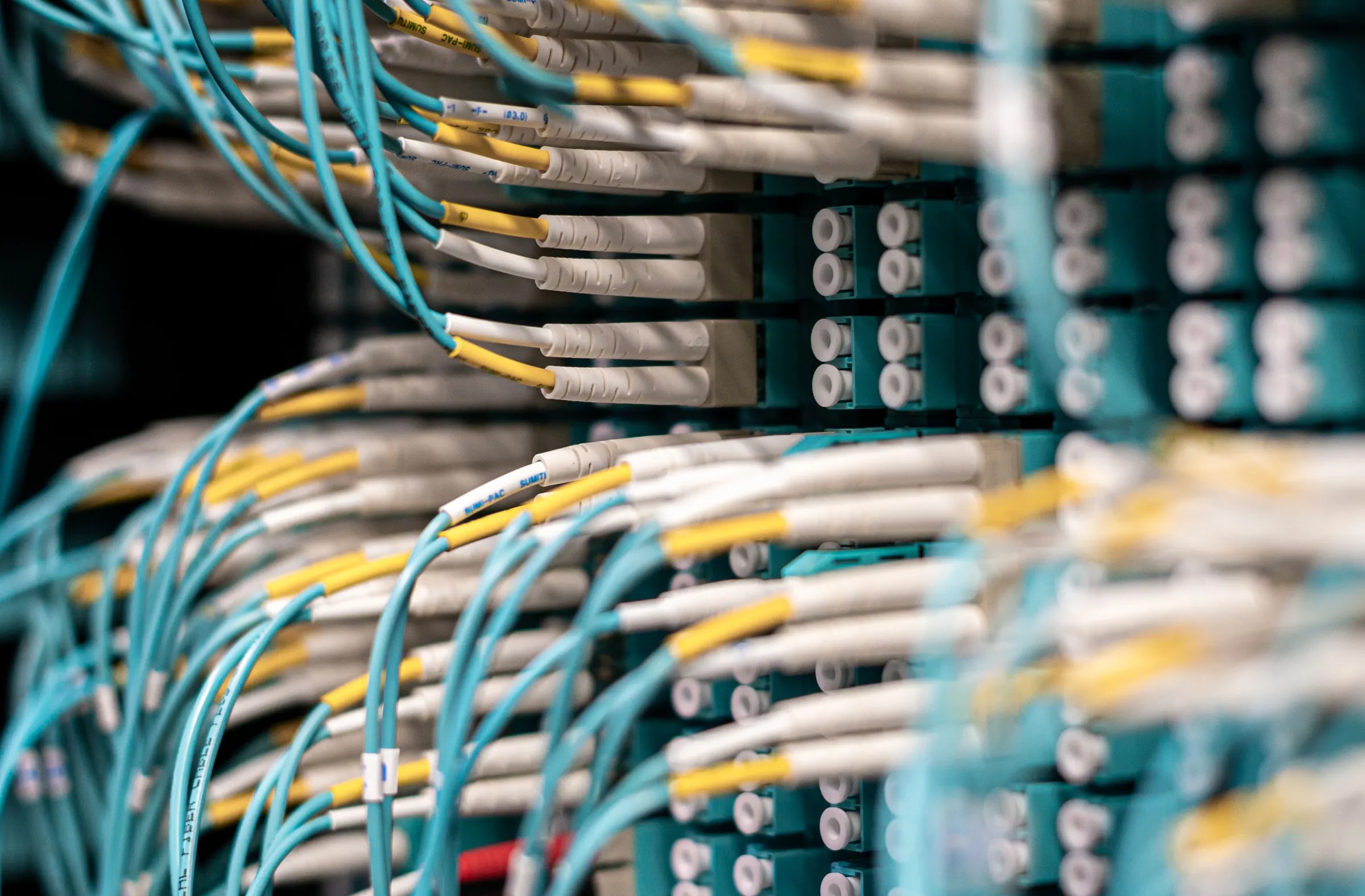 Network cables in a patch panel, up close