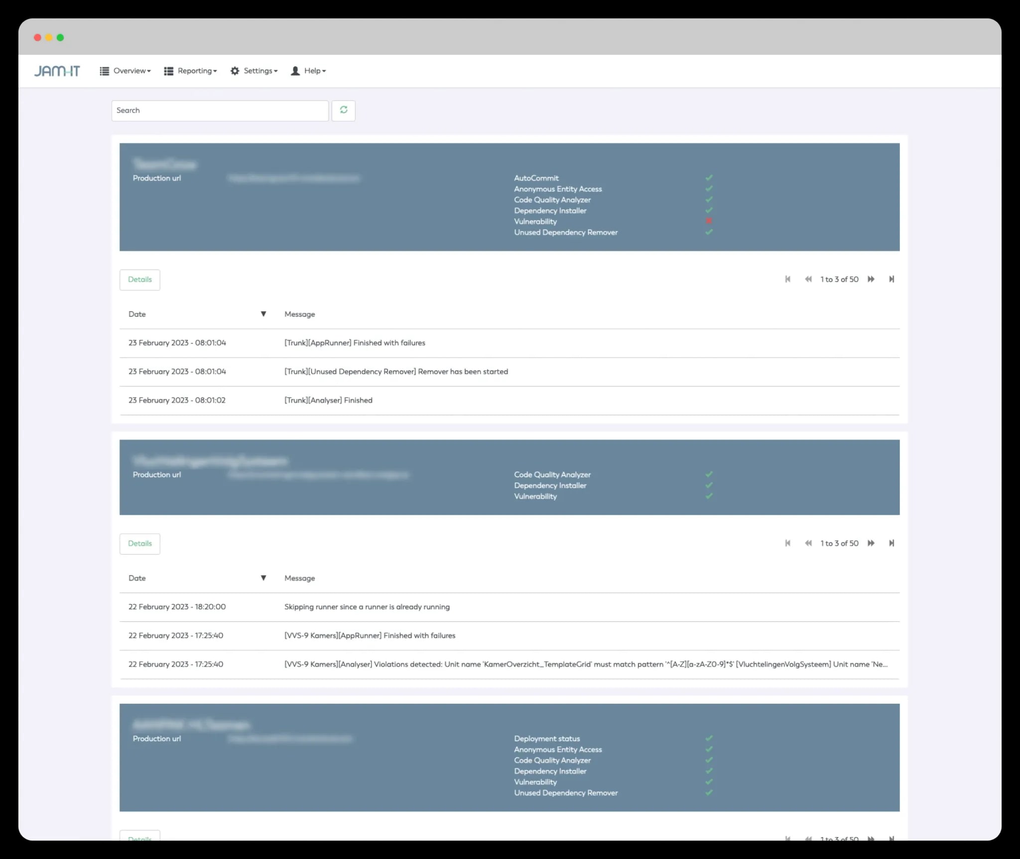 Overzichtsscherm van JamOps met per app de status van de checks en de laatste logregels