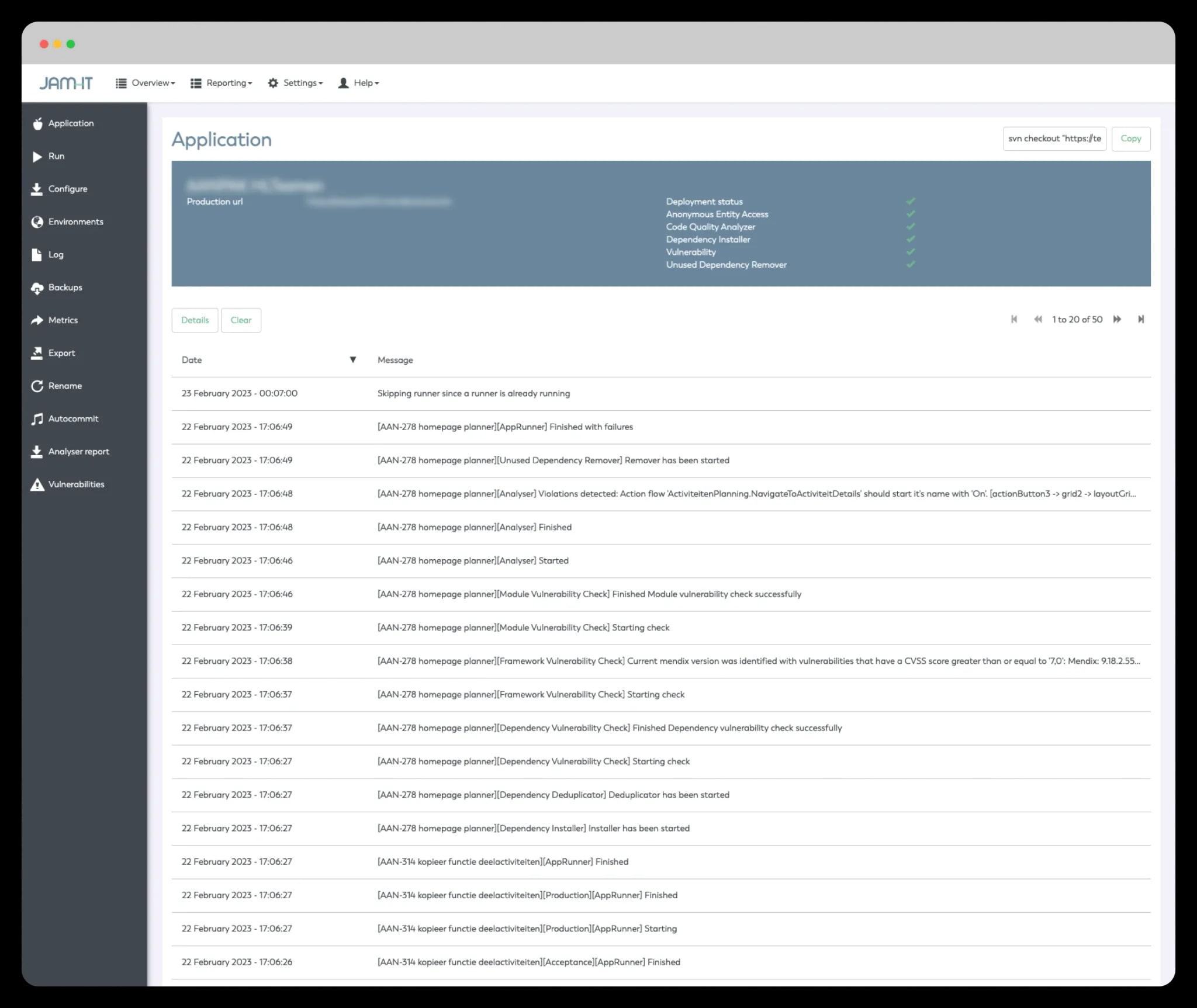 Applicatiescherm van JamOps met het logboek van een app en het menu met Run, Configure, Backups en Metrics