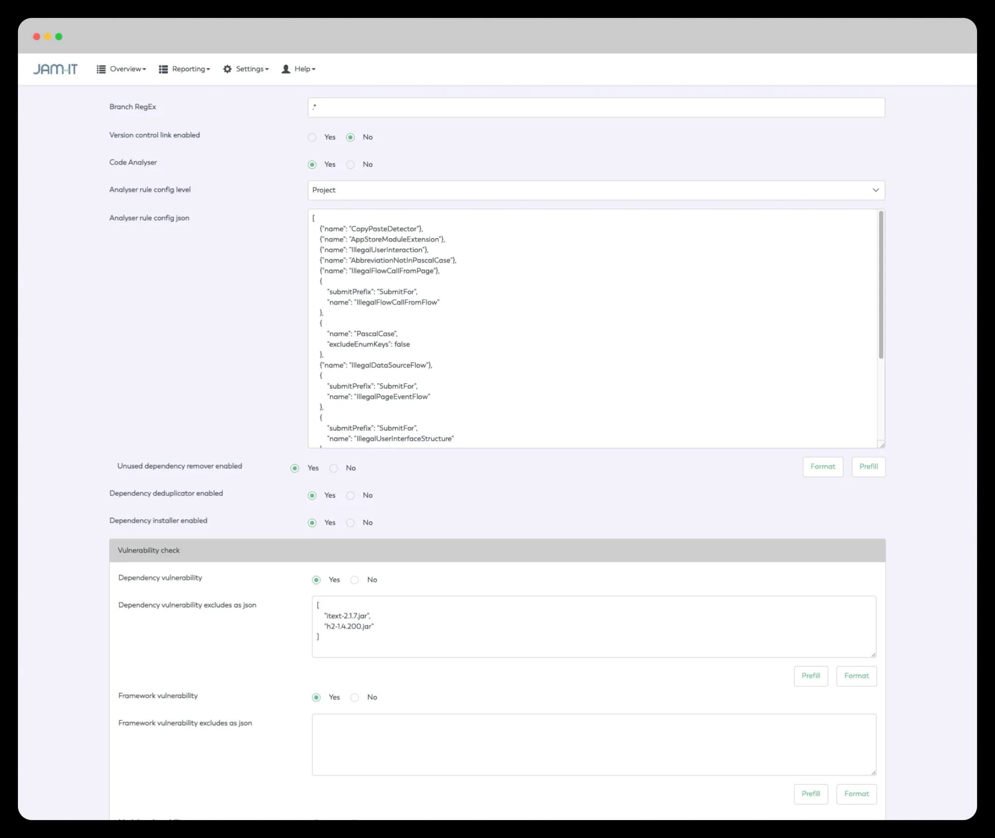 Configuratiescherm van JamOps waarin de code-analyser en de dependency- en vulnerability-checks worden ingesteld