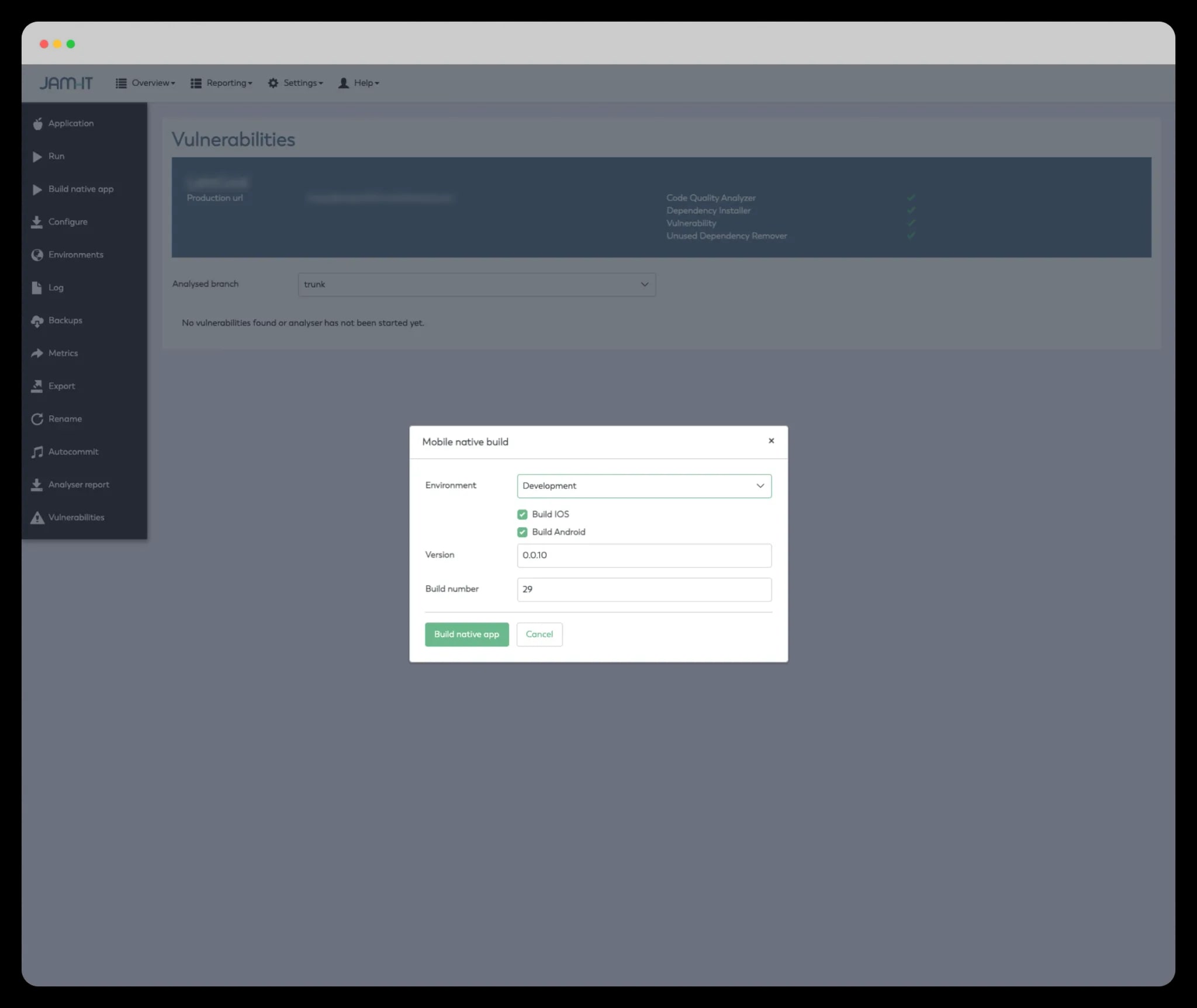 Dialoog Mobile native build in JamOps, voor een iOS- en Android-build met versie en buildnummer