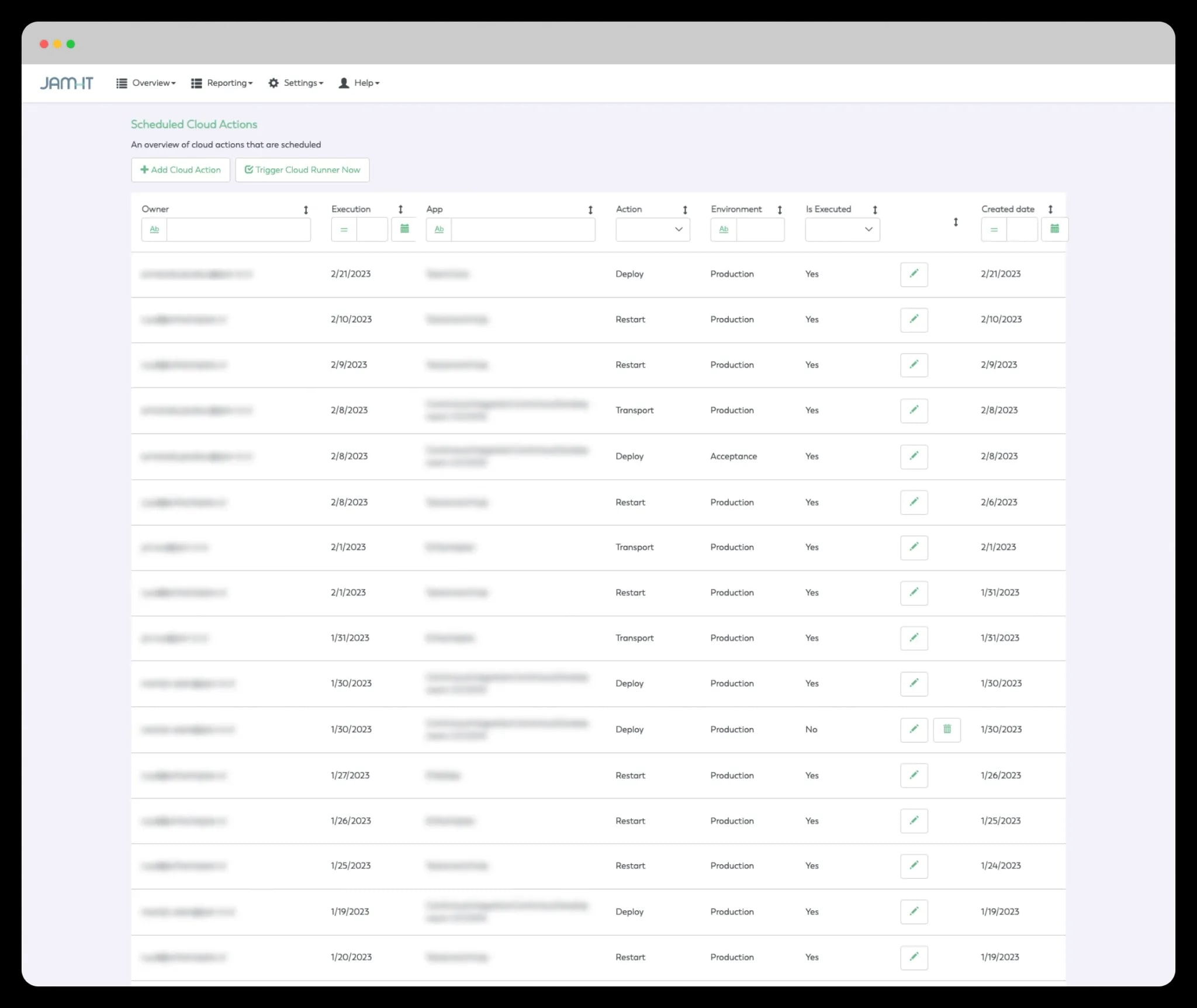 Scherm Scheduled Cloud Actions in JamOps met de geplande deploys, restarts en transports per app