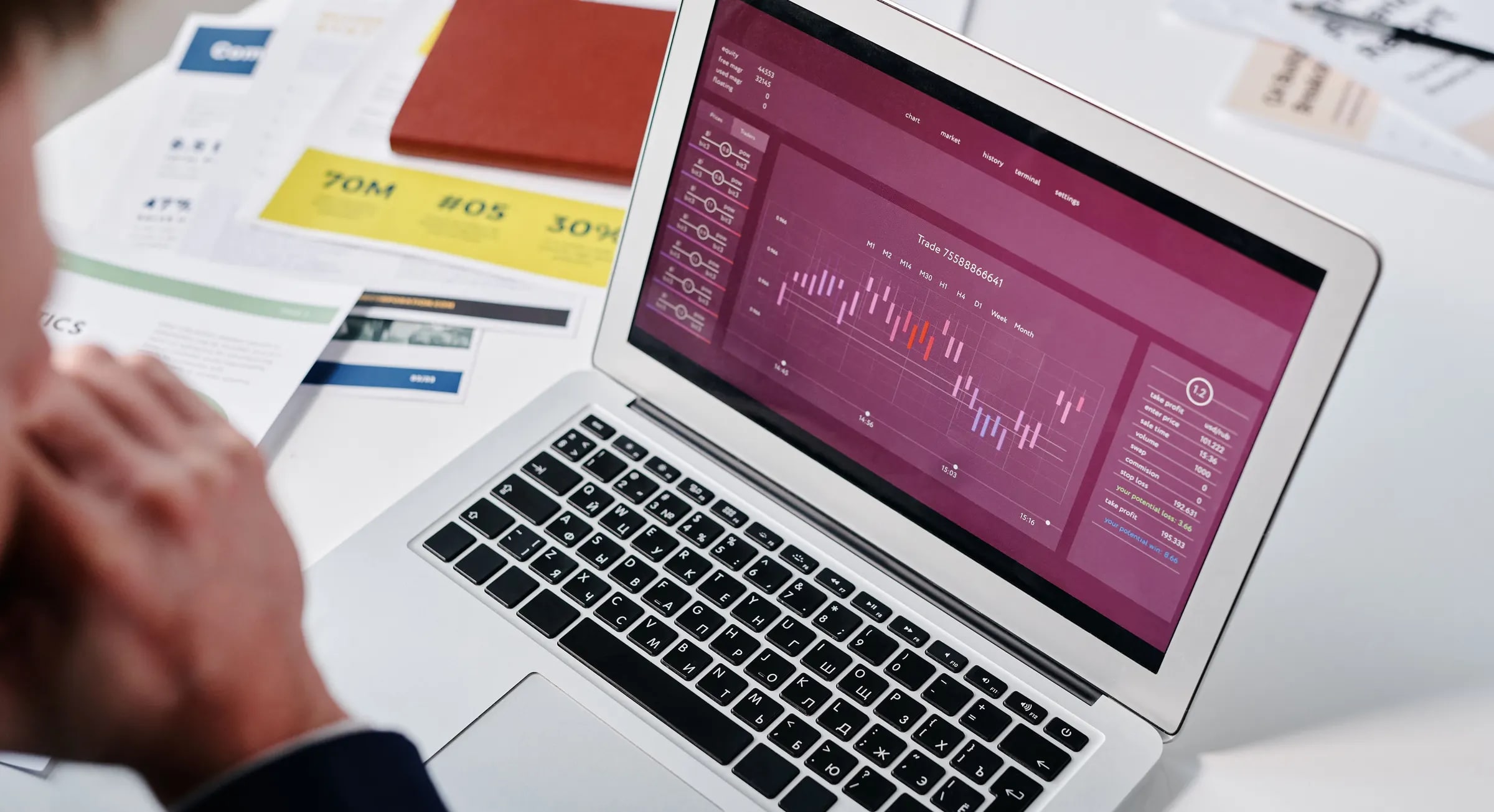 A laptop with a dashboard full of charts among printed reports