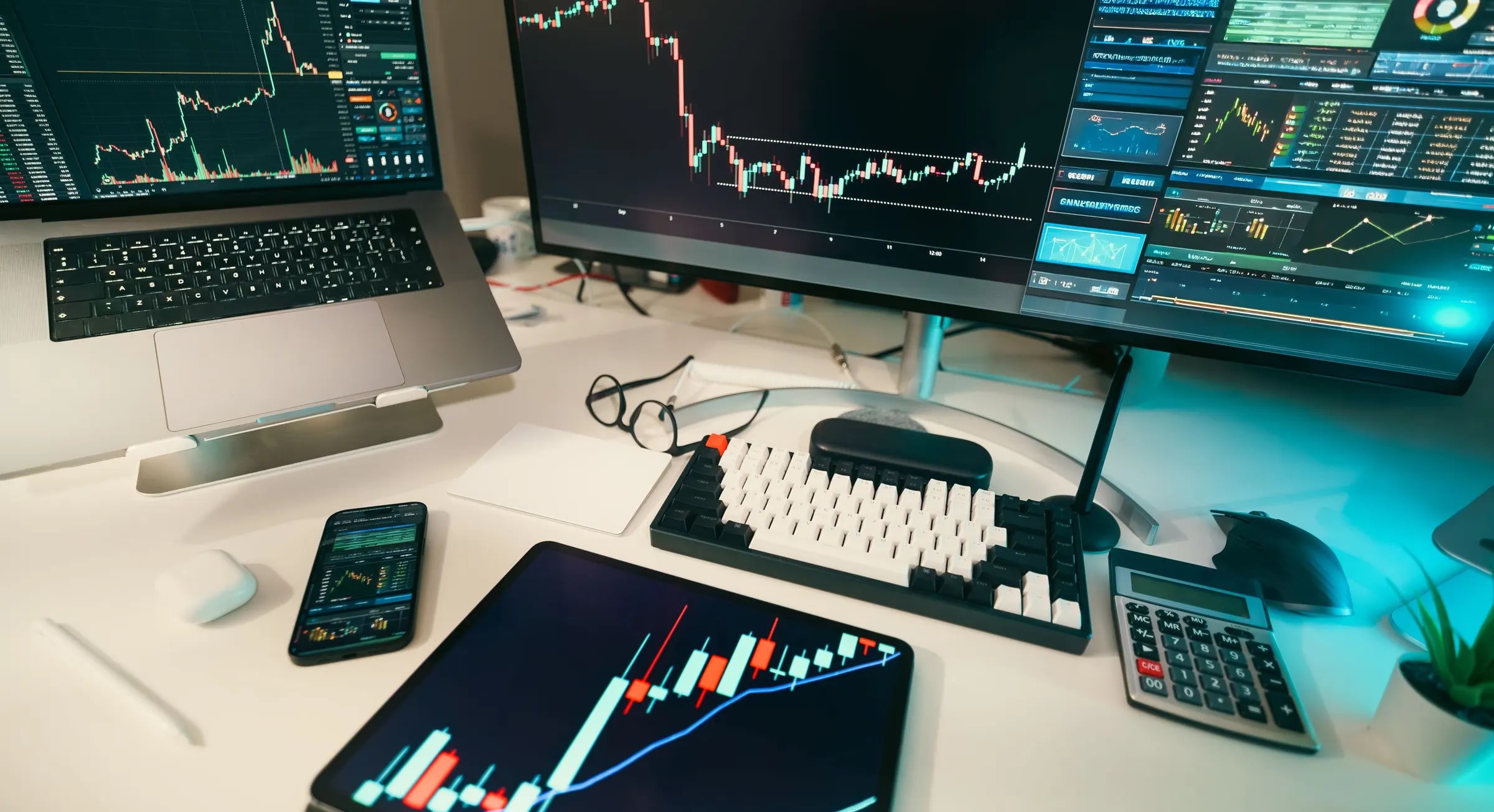 Een bureau met meerdere schermen vol koersgrafieken en financiële data