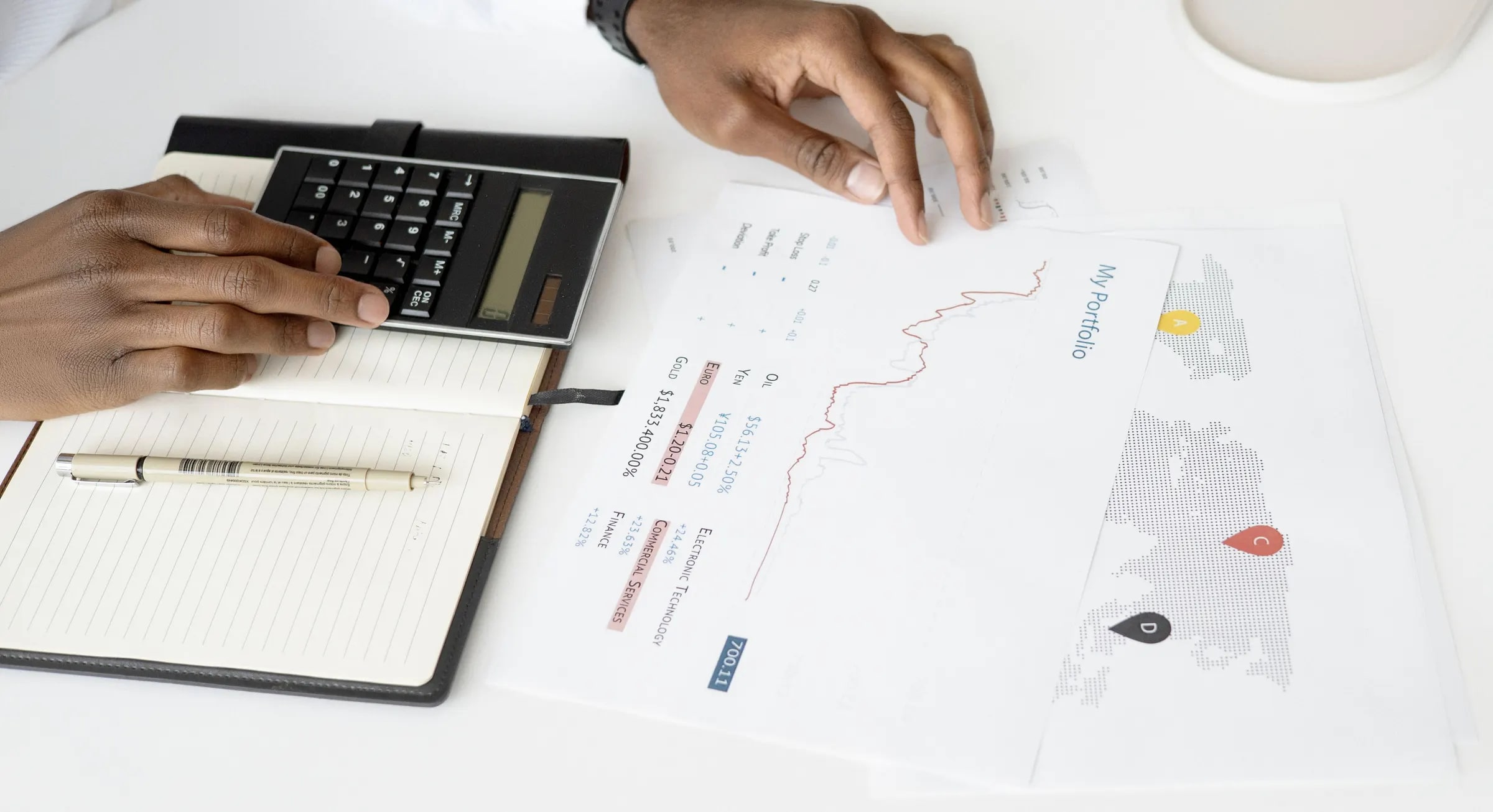 Handen met een rekenmachine bij financiële overzichten en een notitieboek