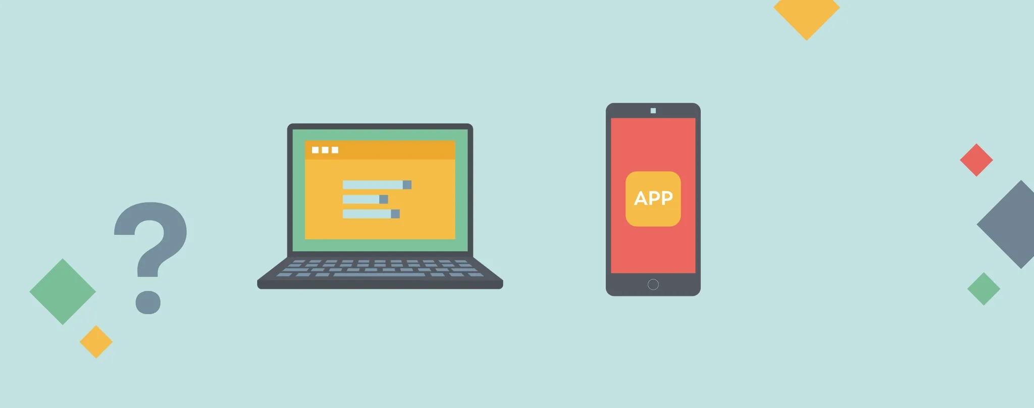 Illustration of a laptop and a phone with an app, among question marks