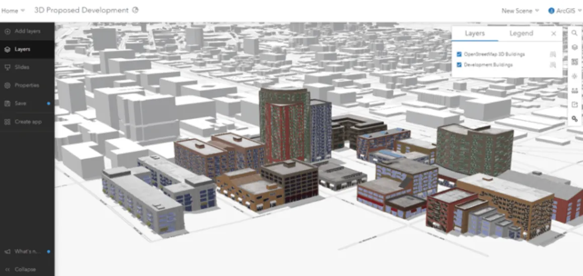 3D-stadsmodel met gebouwen in een geo-applicatie