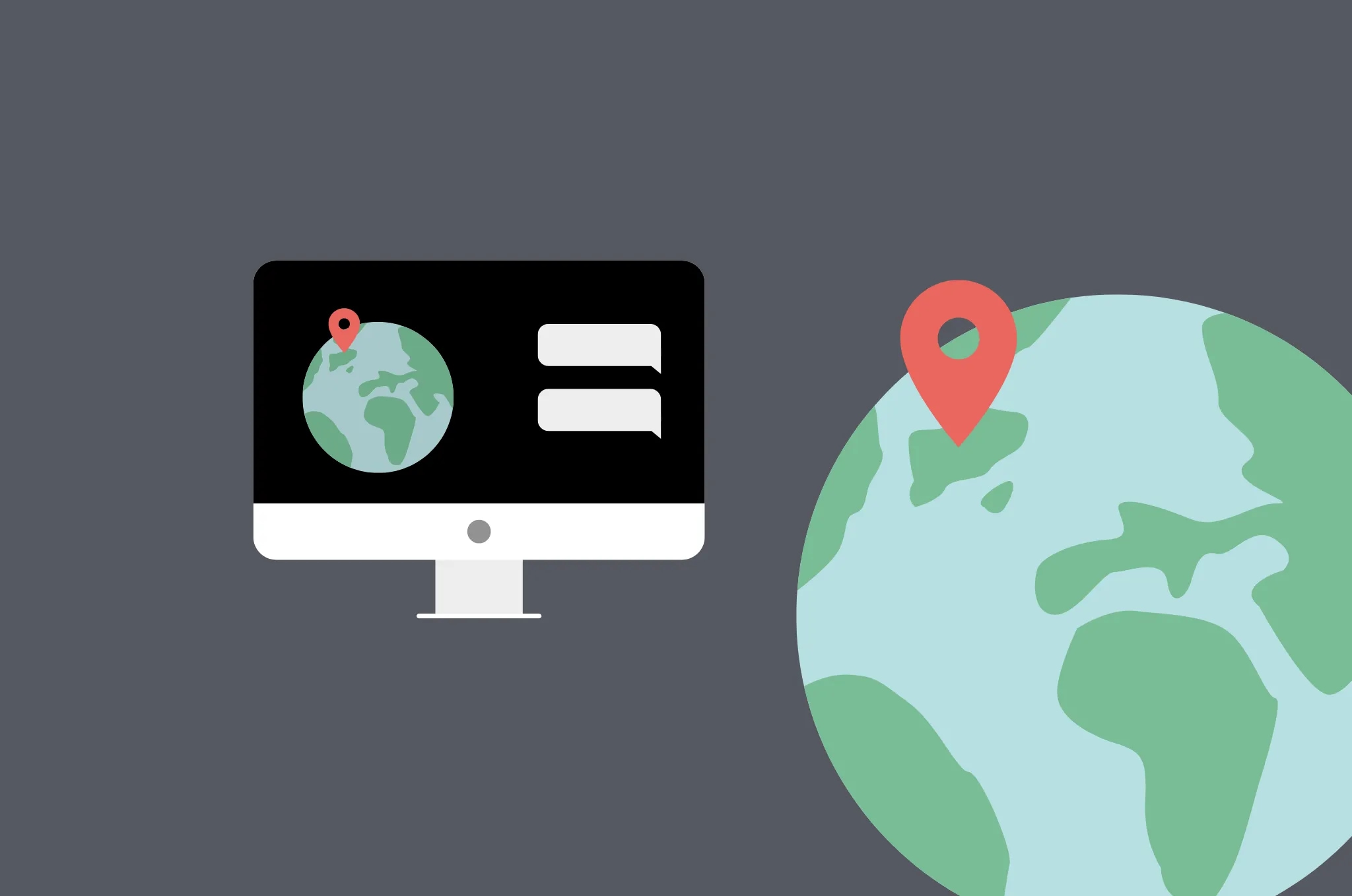 Illustration of a globe with a location pin next to a computer screen