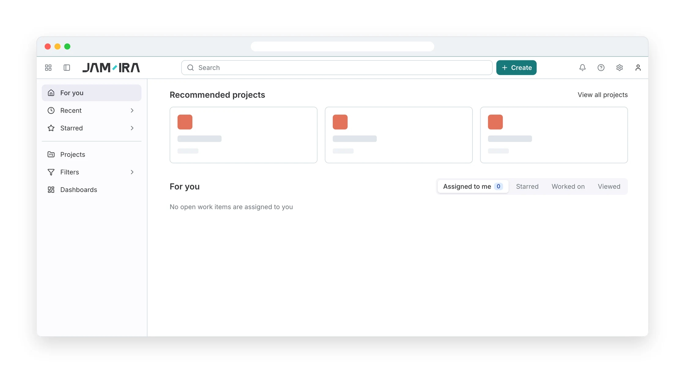 Het startscherm van JamIra met aanbevolen projecten, filters en dashboards