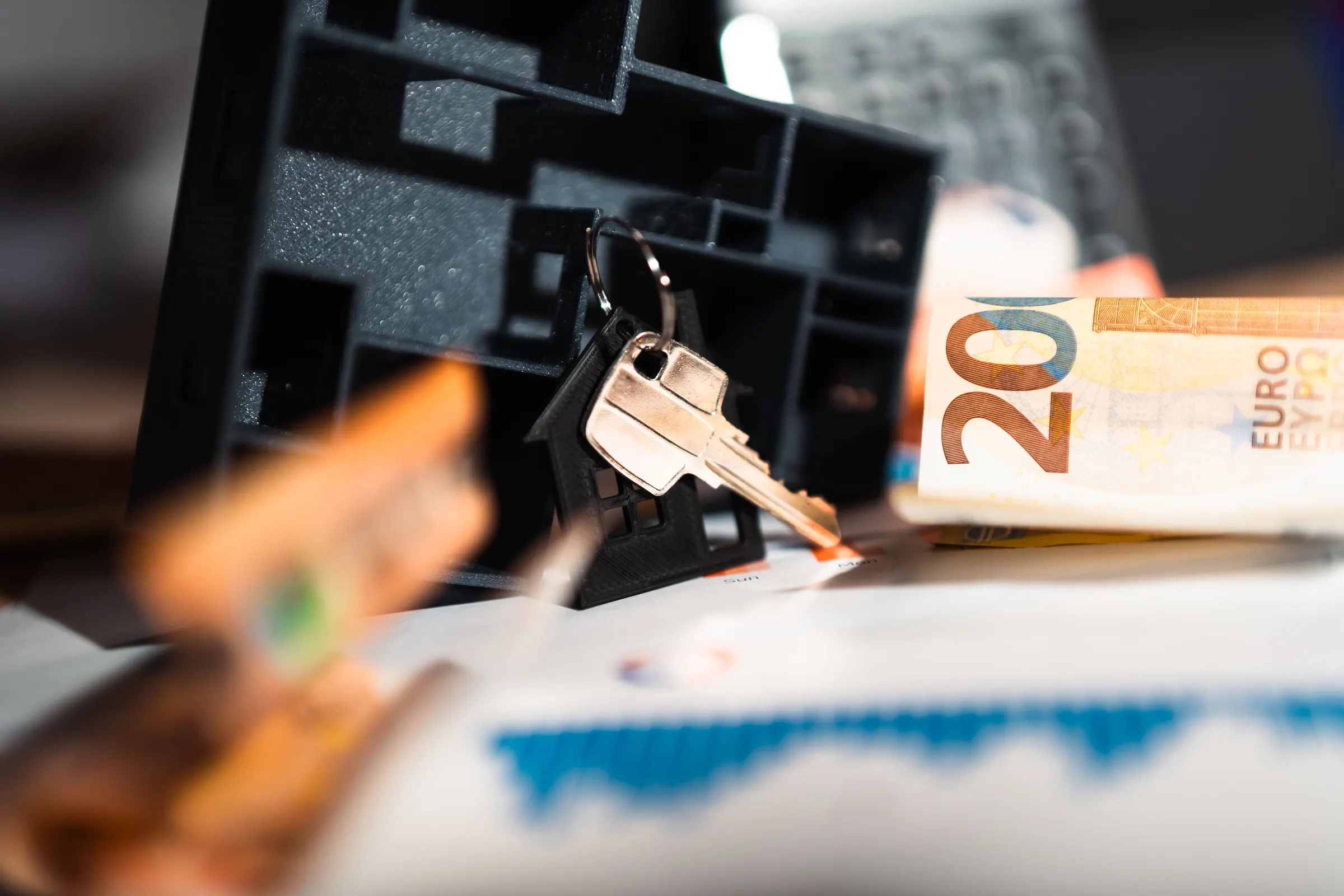 A house key on a house-shaped key ring, next to a twenty euro note and a chart