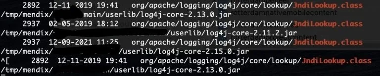 Terminal met de JndiLookup-class in verschillende versies van log4j