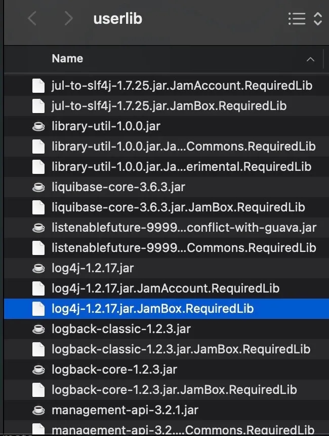 De userlib-map van een Mendix-project met de log4j-bestanden