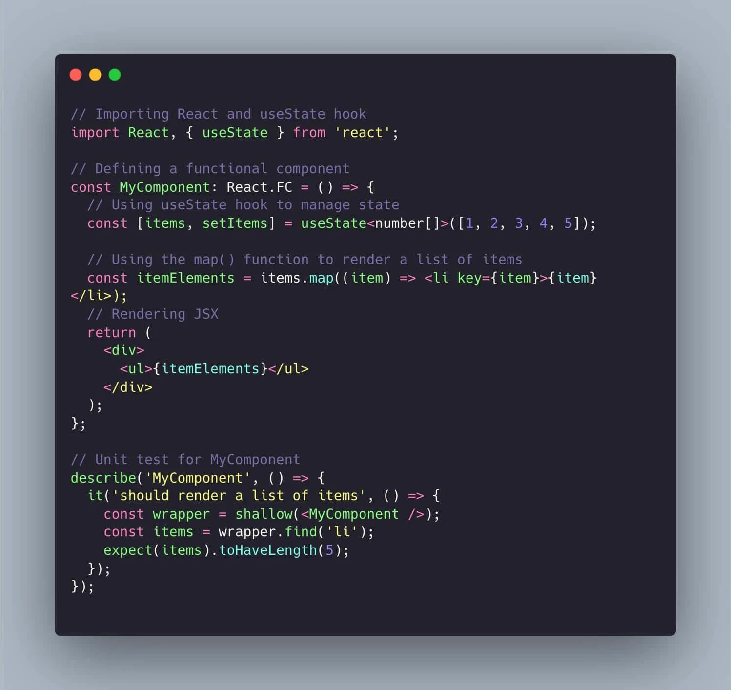 Voorbeeld van React-code met een unit test
