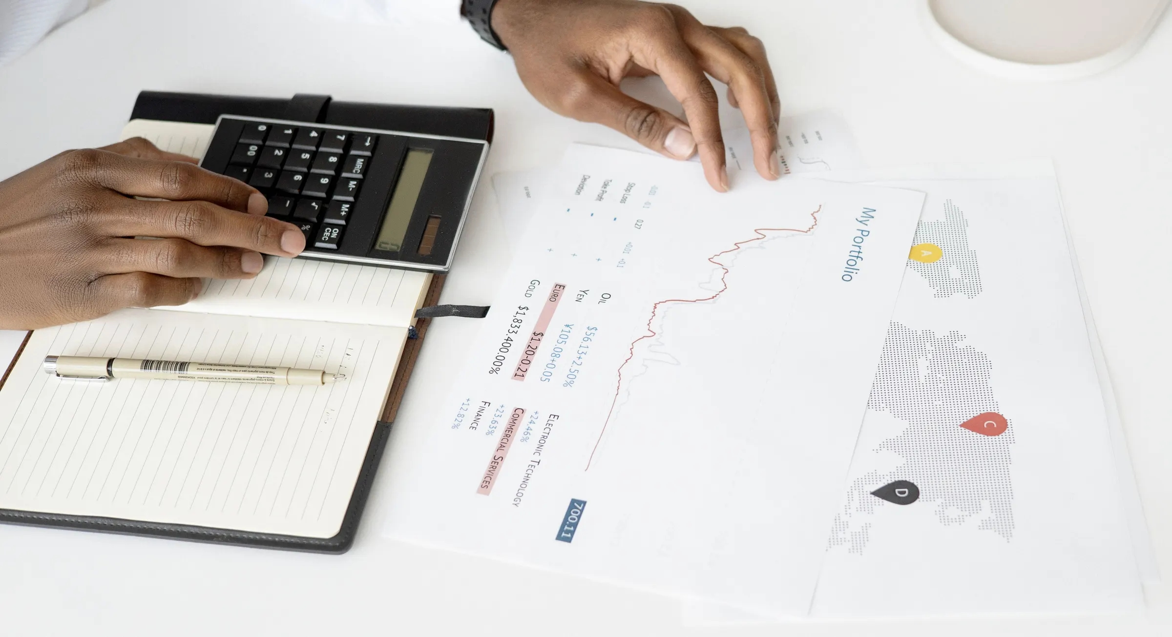 Hands using a calculator next to financial statements and a notebook