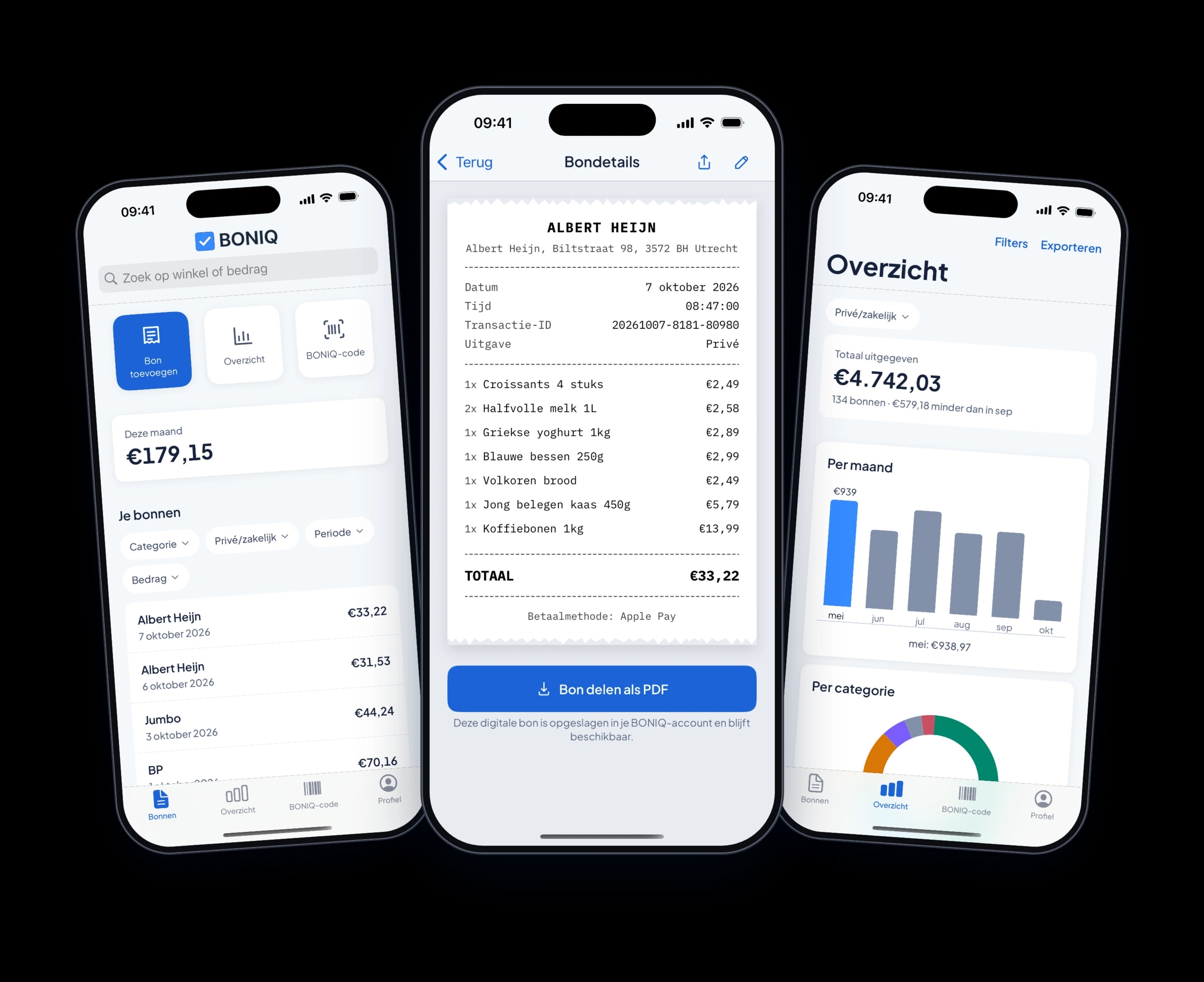 De BONIQ-app met het bonnenoverzicht, een digitale kassabon en de uitgaven per maand