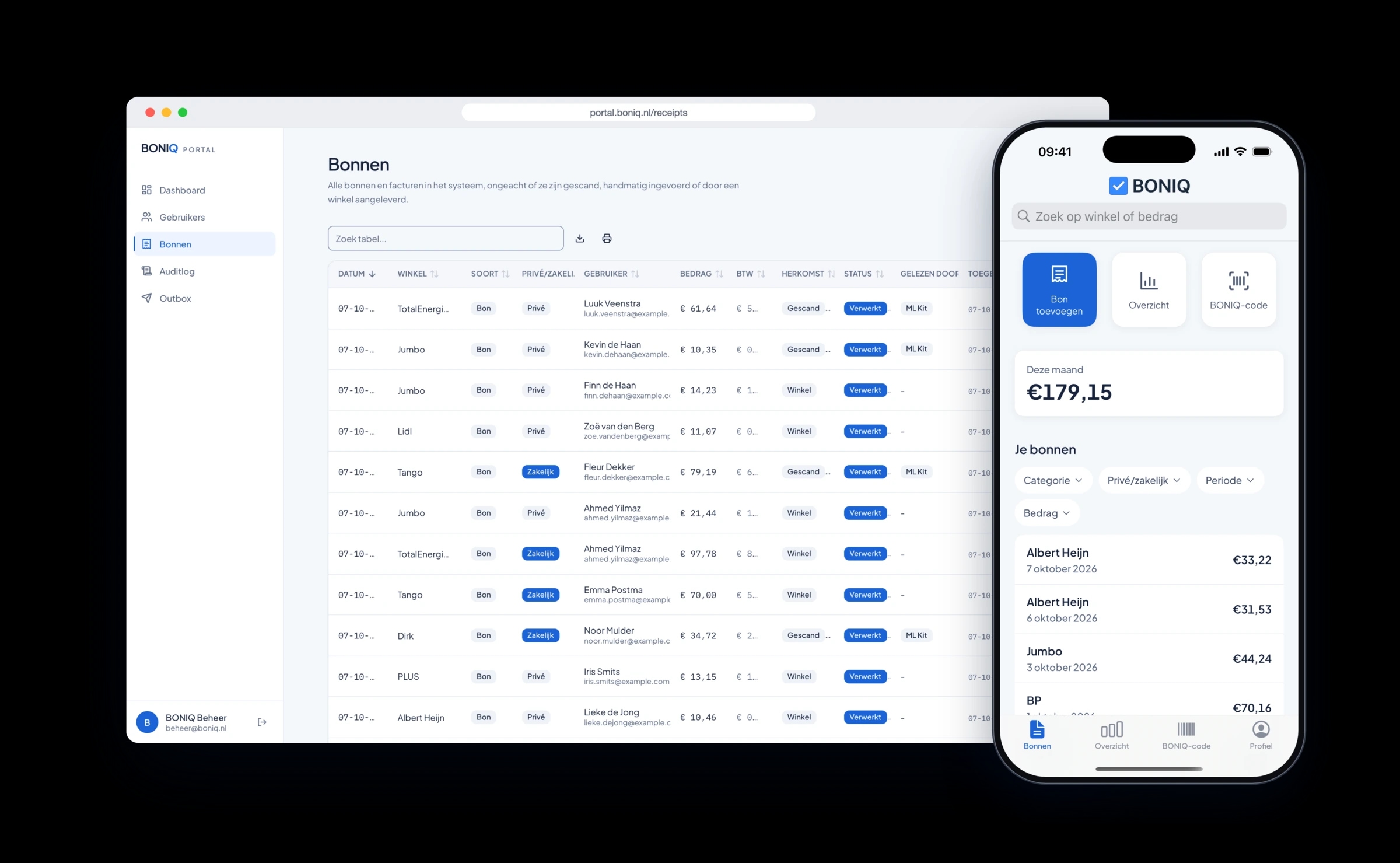 Het BONIQ-beheerportaal met de bonnen van alle gebruikers, naast de app op een telefoon