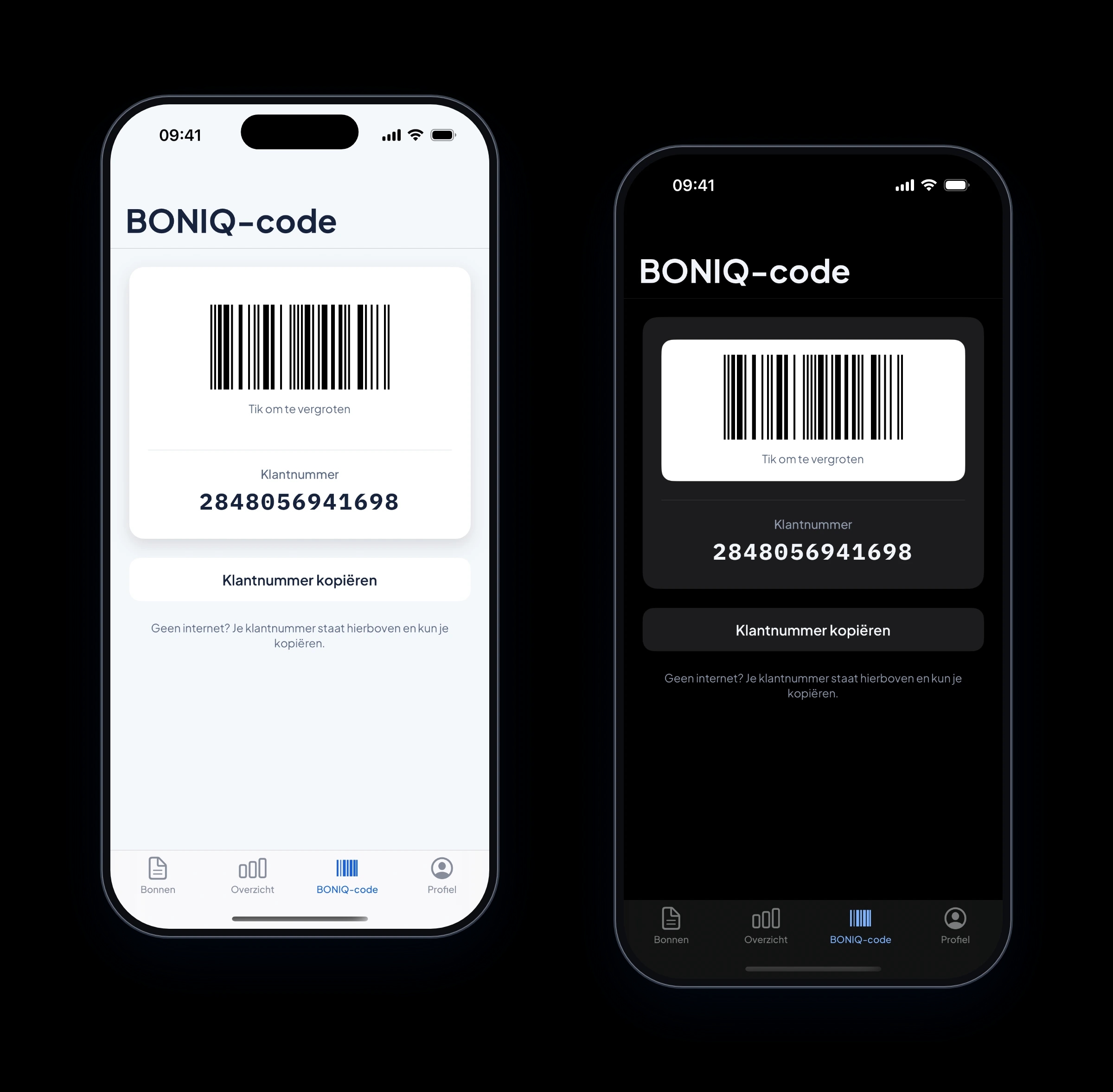 De persoonlijke BONIQ-code waarmee de kassa een bon aan het account koppelt, in de lichte en de donkere modus