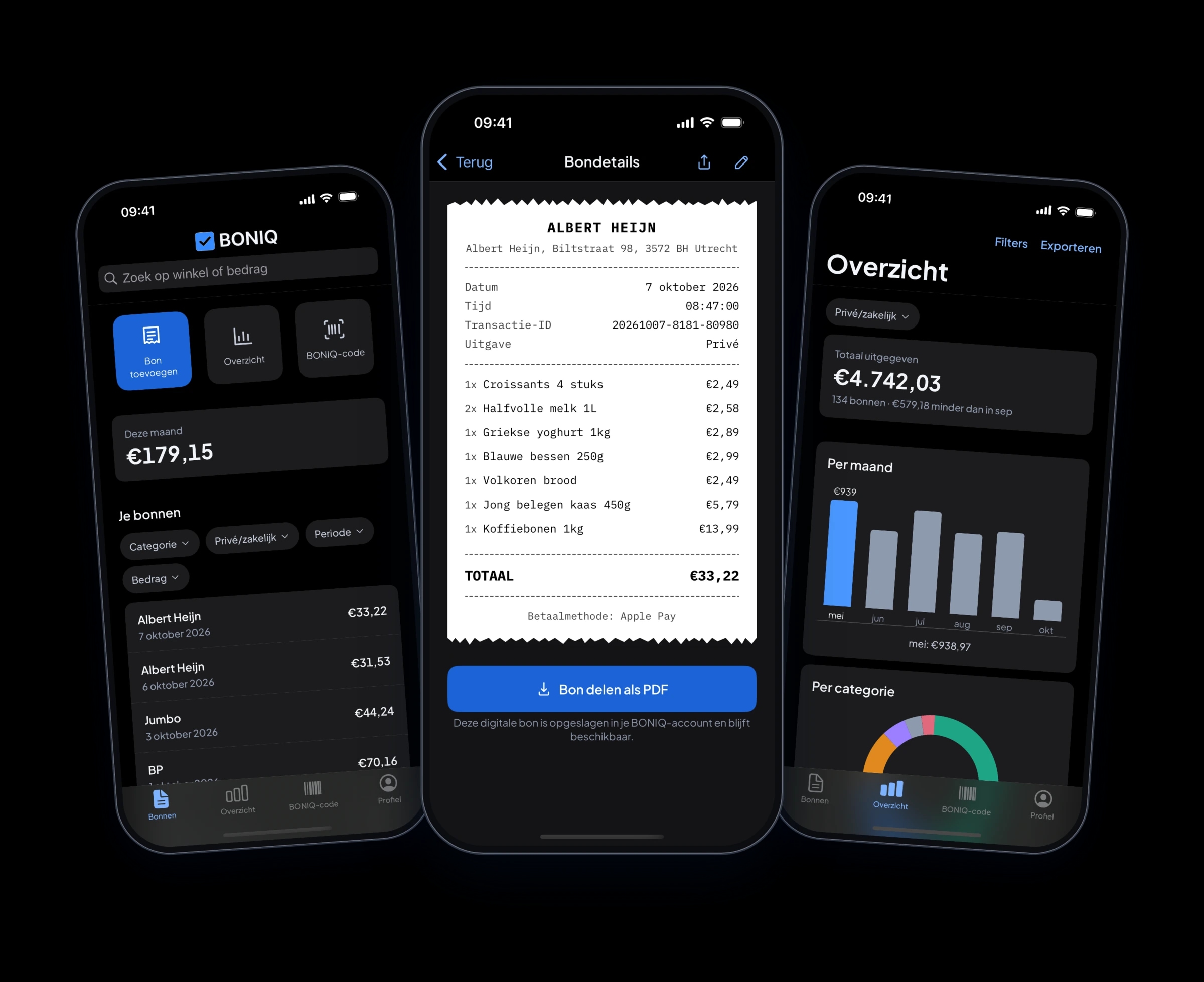De BONIQ-app in de donkere modus: het bonnenoverzicht, een digitale kassabon en de uitgaven per maand