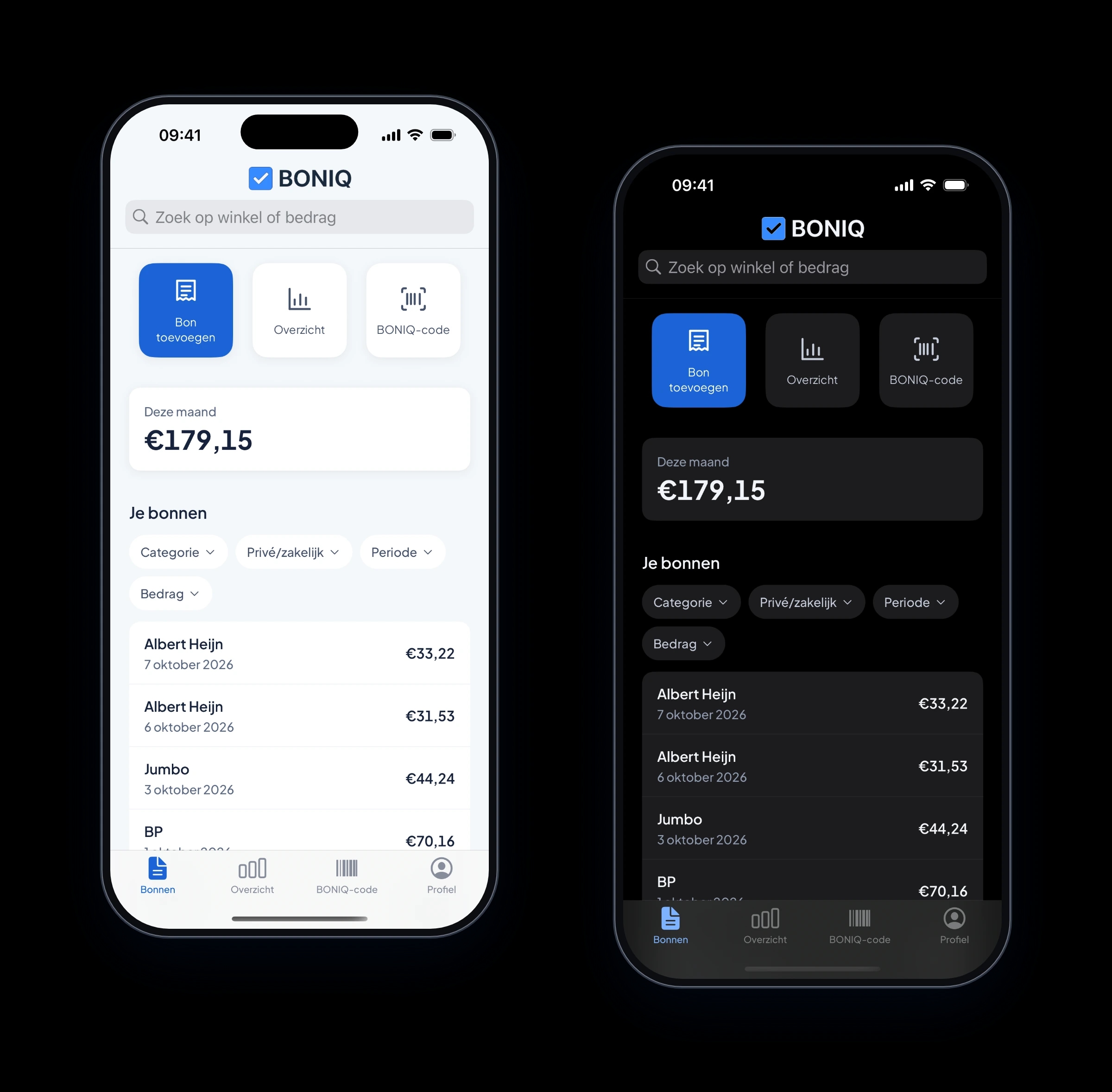 Het startscherm van de BONIQ-app, in de lichte en de donkere modus
