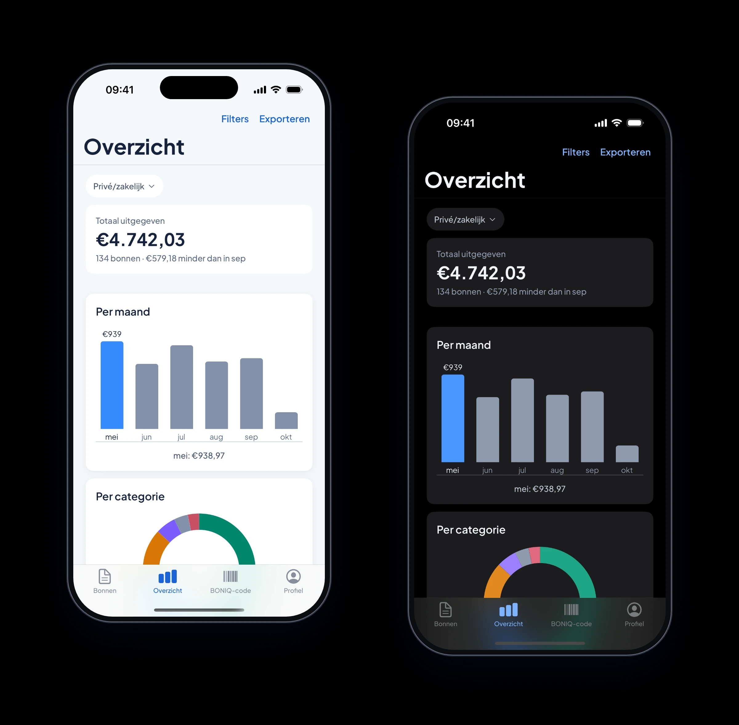 Het uitgavenoverzicht in de BONIQ-app, in de lichte en de donkere modus