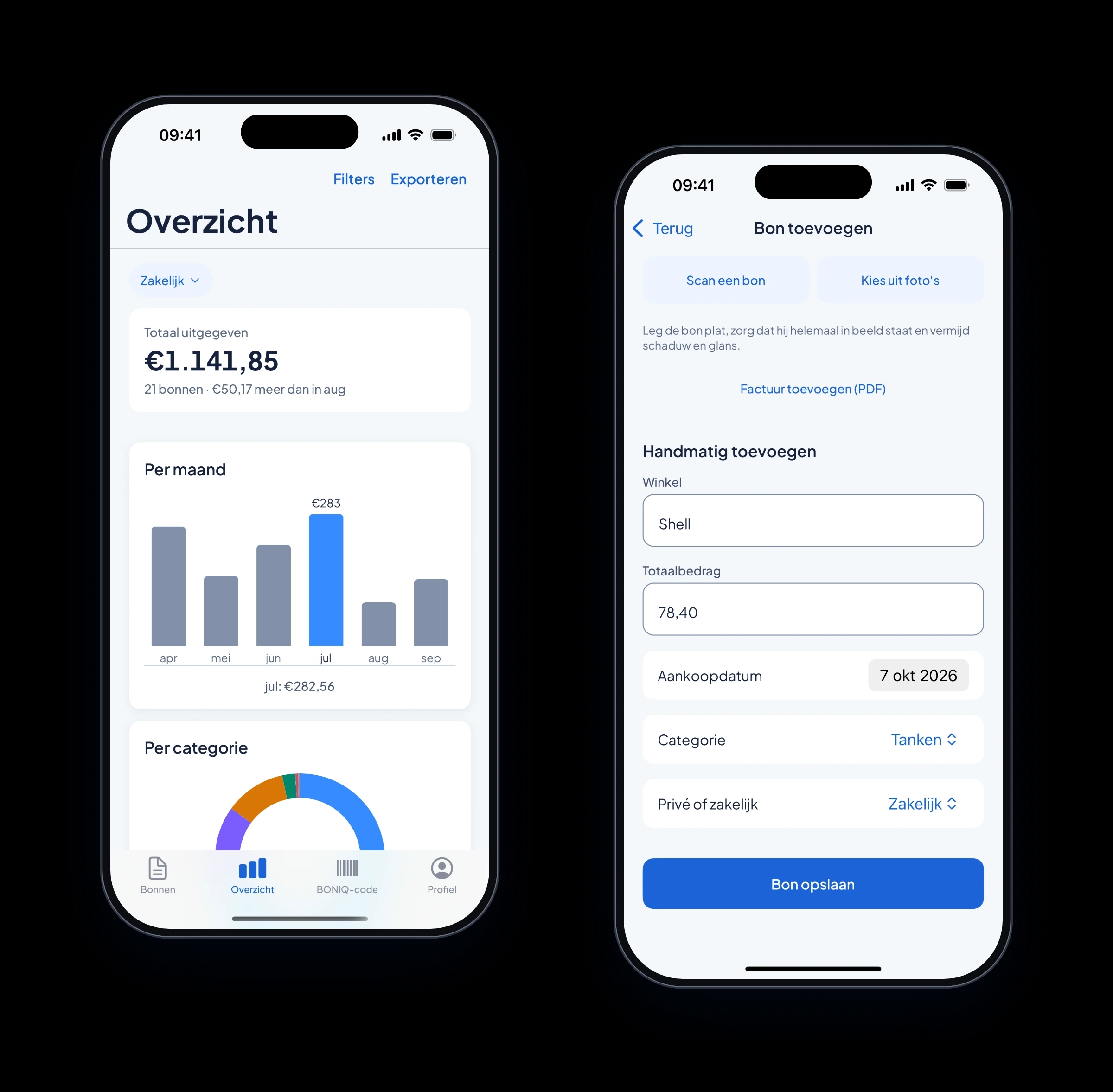 Het zakelijke uitgavenoverzicht in de BONIQ-app, en een bon die handmatig wordt toegevoegd
