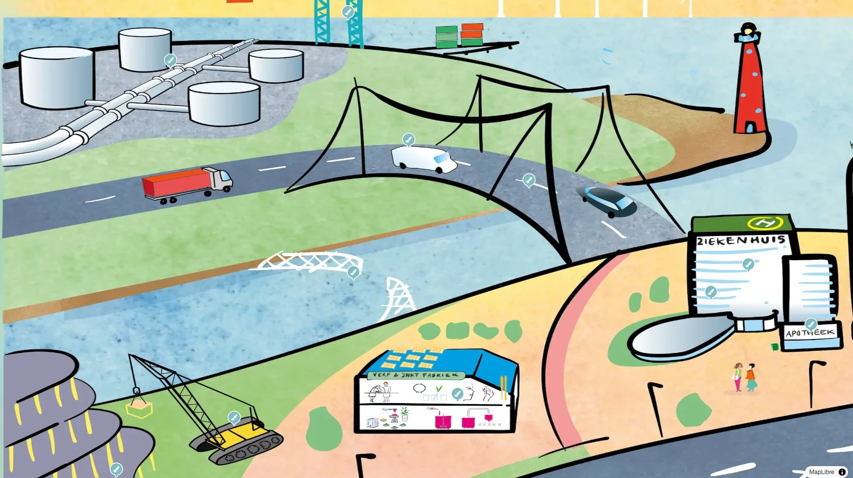 Uitsnede van de interactieve VVVF-kaart: haven, vuurtoren, brug en ziekenhuis