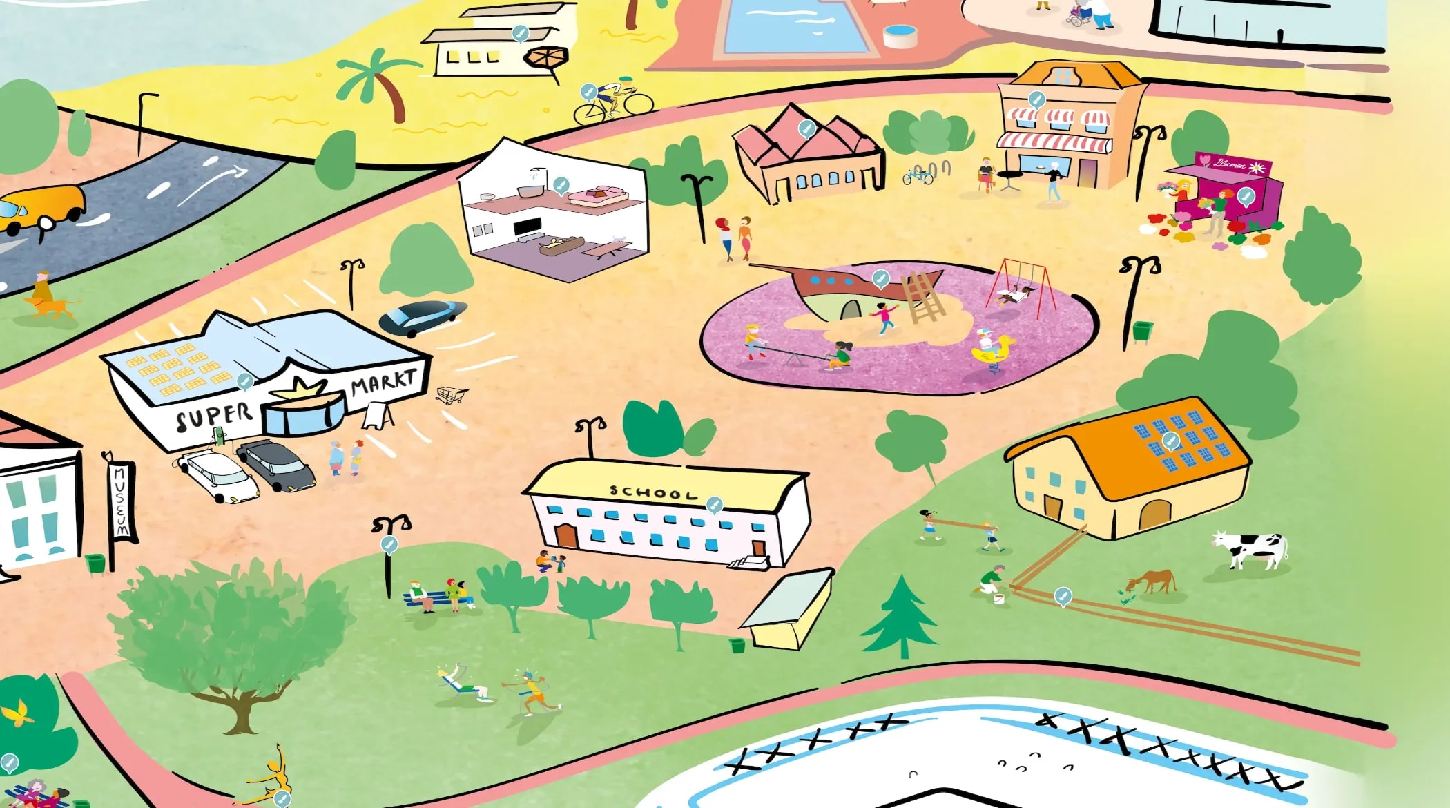 Detail of the interactive VVVF map: neighbourhood with school, supermarket and playground