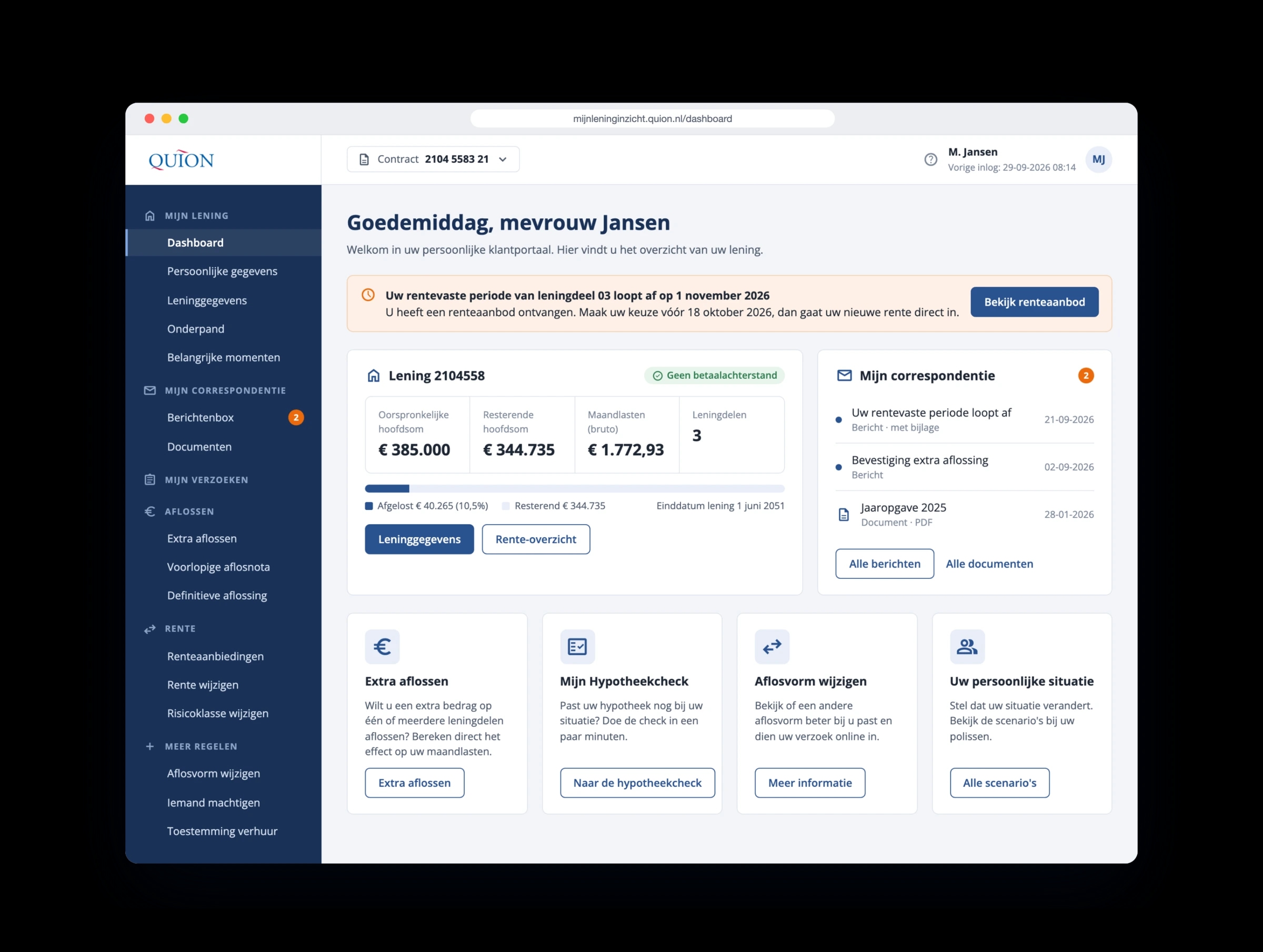 The MijnLeningInzicht dashboard with the loan overview and correspondence