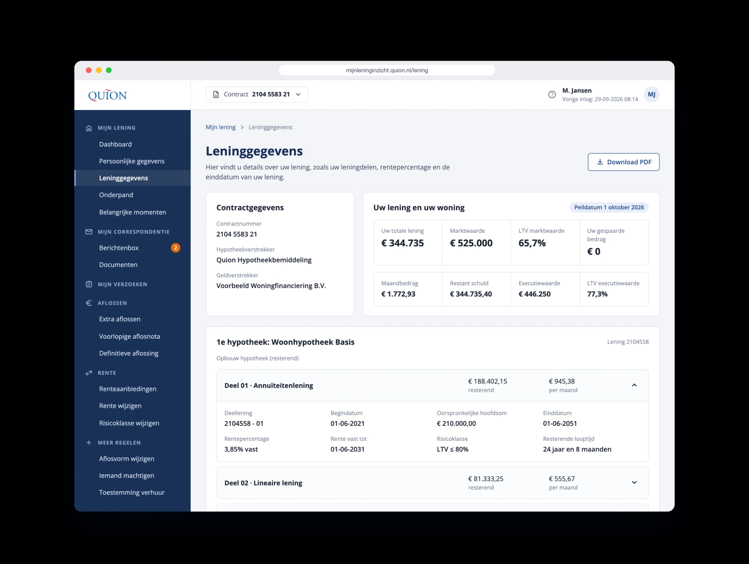 The loan details per loan part in MijnLeningInzicht