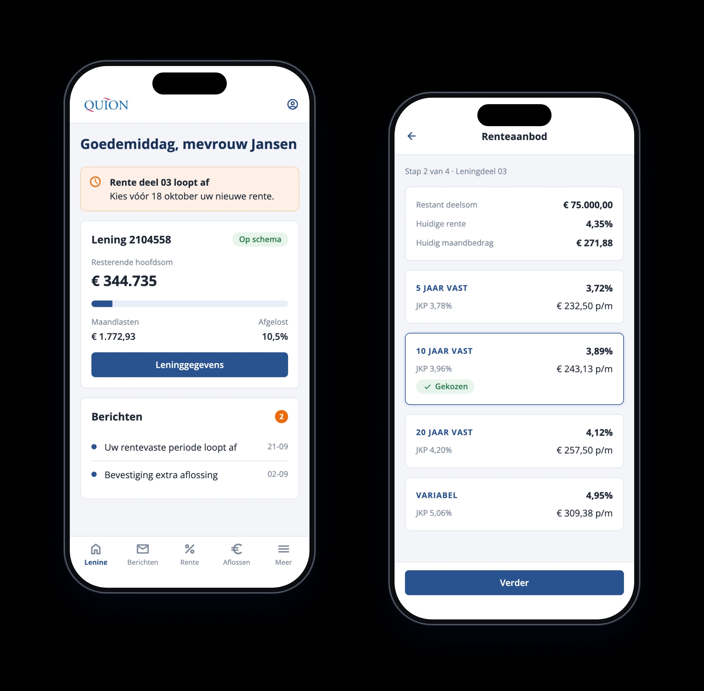 The MijnLeningInzicht dashboard and interest offer on a phone