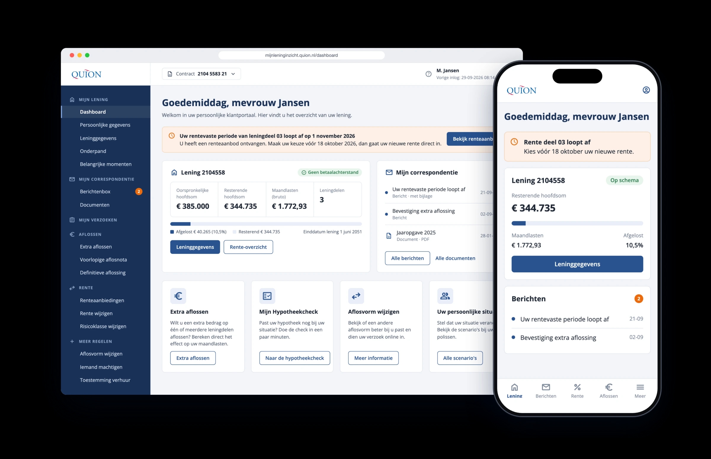 The MijnLeningInzicht dashboard in a browser, next to the same environment on a phone