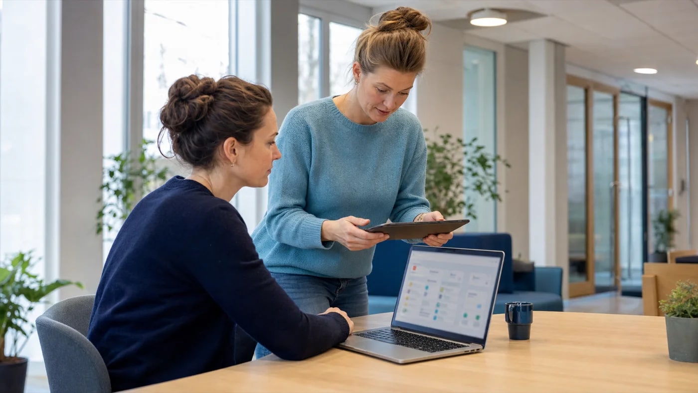 Twee collega's bekijken samen het dagoverzicht van een opvanglocatie op een laptop