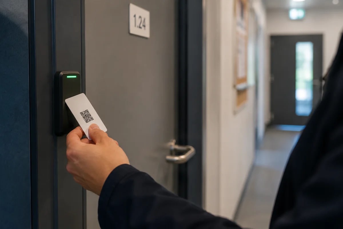 Iemand houdt een toegangspas met QR-code voor een kaartlezer bij een deur