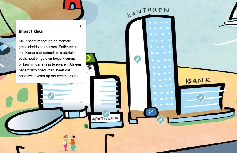 Close-up van de interactieve kaart van de VVVF met uitleg over de impact van kleur