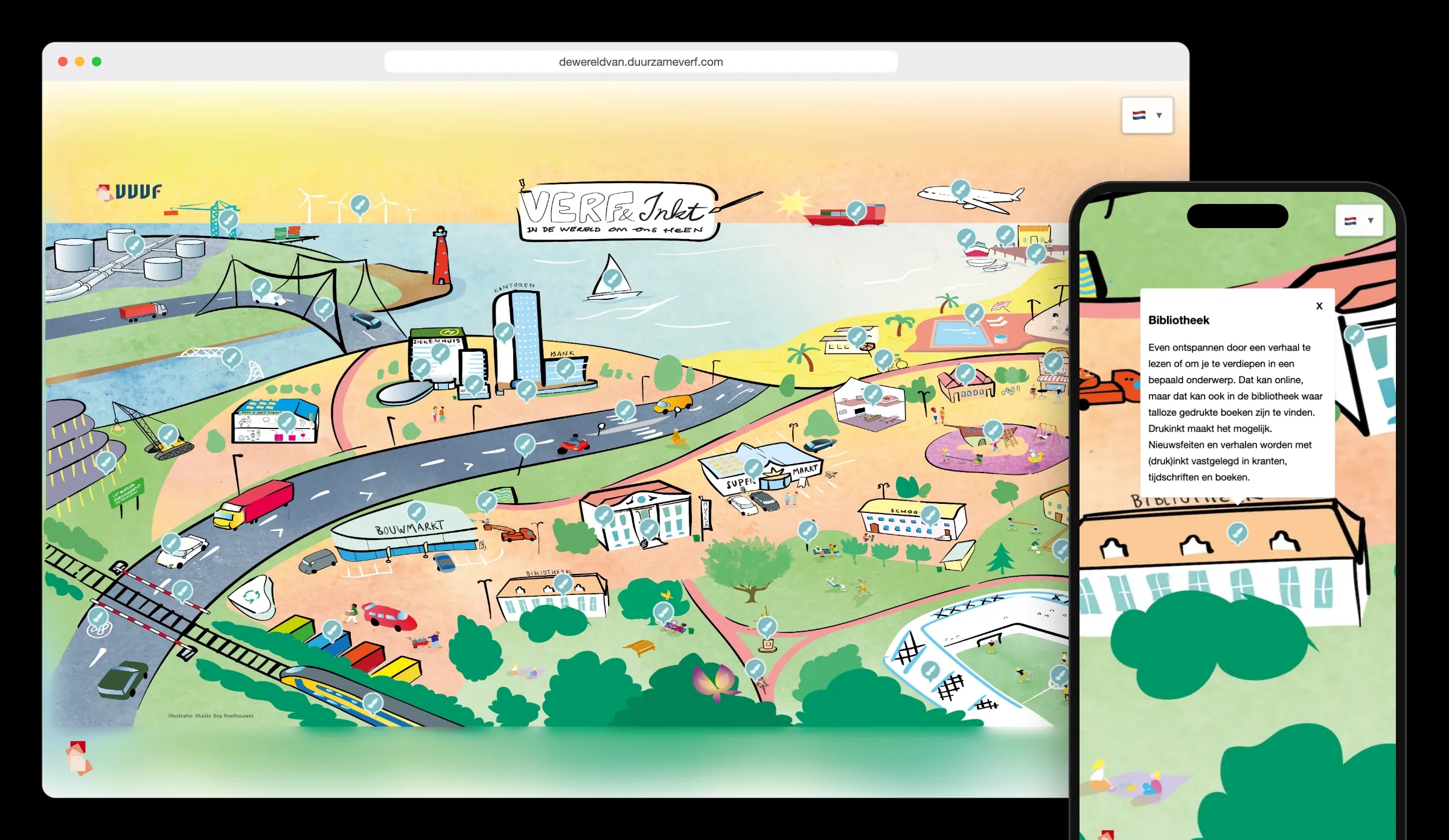 De interactieve VVVF-kaart in de browser, en op een telefoon met het verhaal achter de bibliotheek geopend
