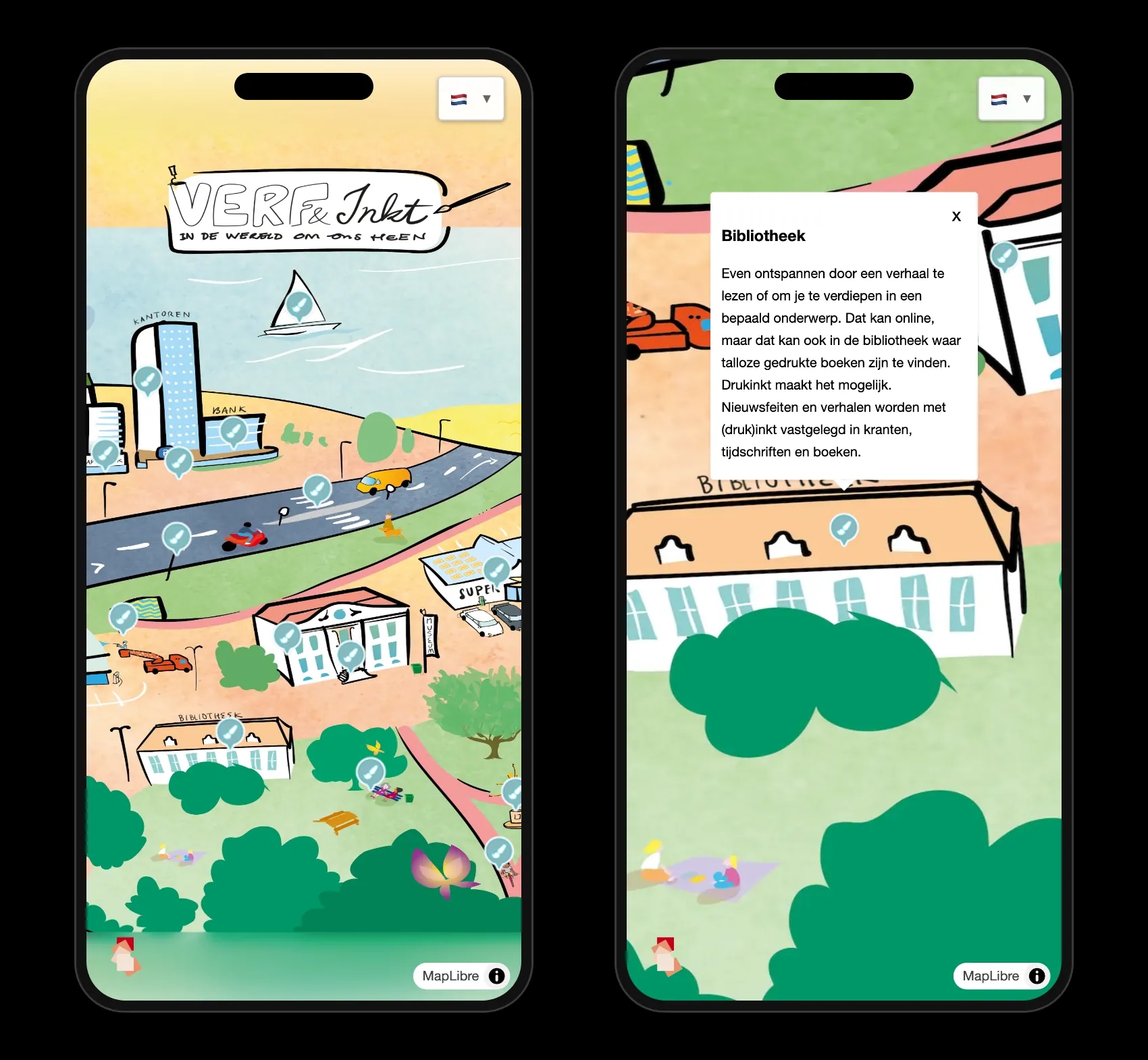 De kaart op twee telefoons: het overzicht en een geopend verhaal