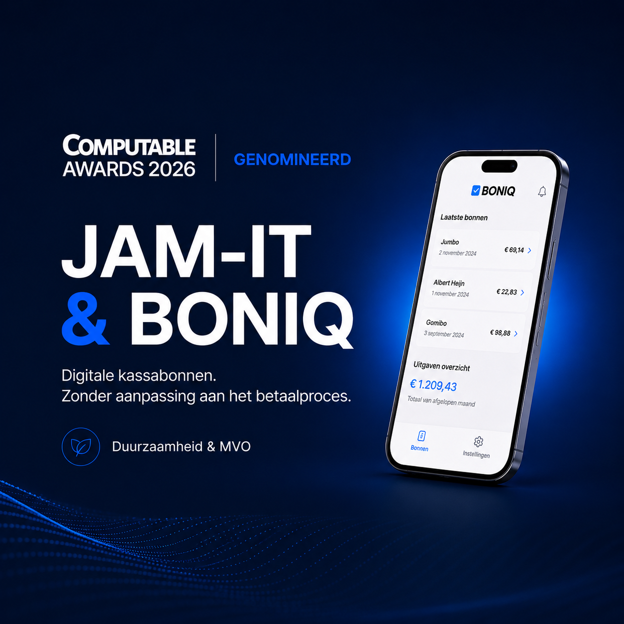 JAM-IT en BONIQ zijn genomineerd voor de Computable Awards 2026 in de categorie Duurzaamheid en MVO.